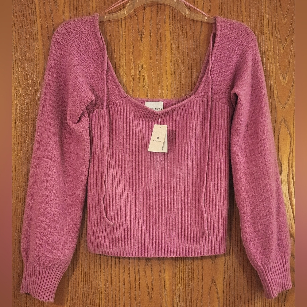Pink Rose Ladies Sweater Square Neckline Ribbed & Weaved Design Sz L (NWT)